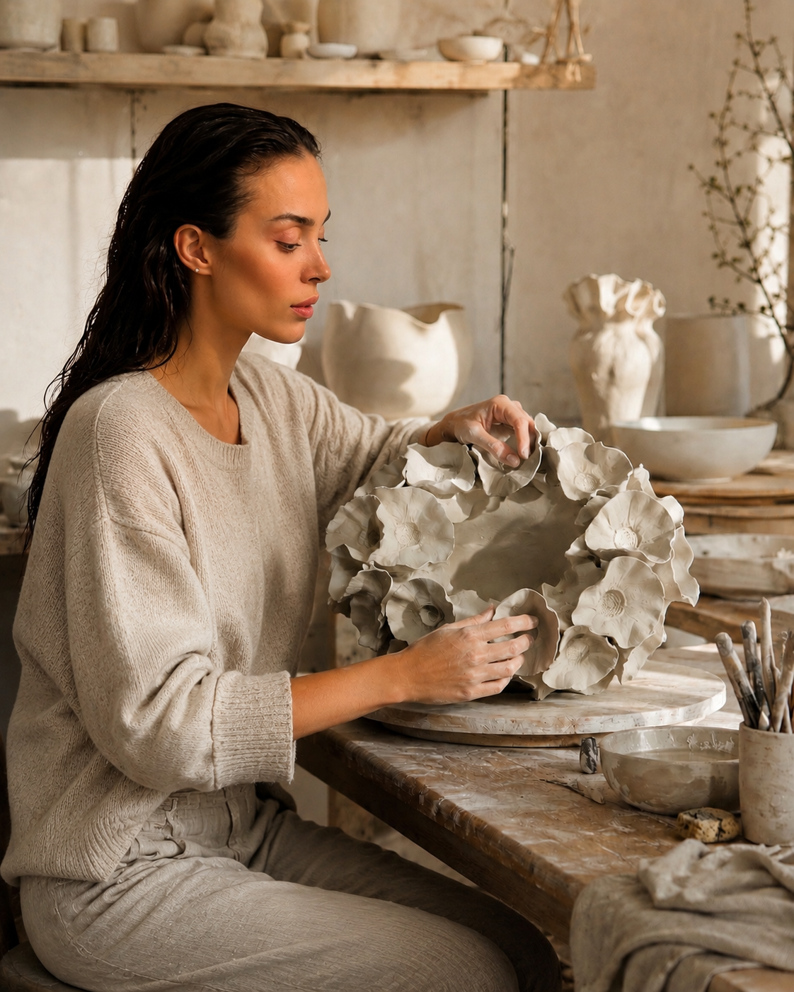 Pelin Şahin shaping a hand-built porcelain bowl in her sunlit studio