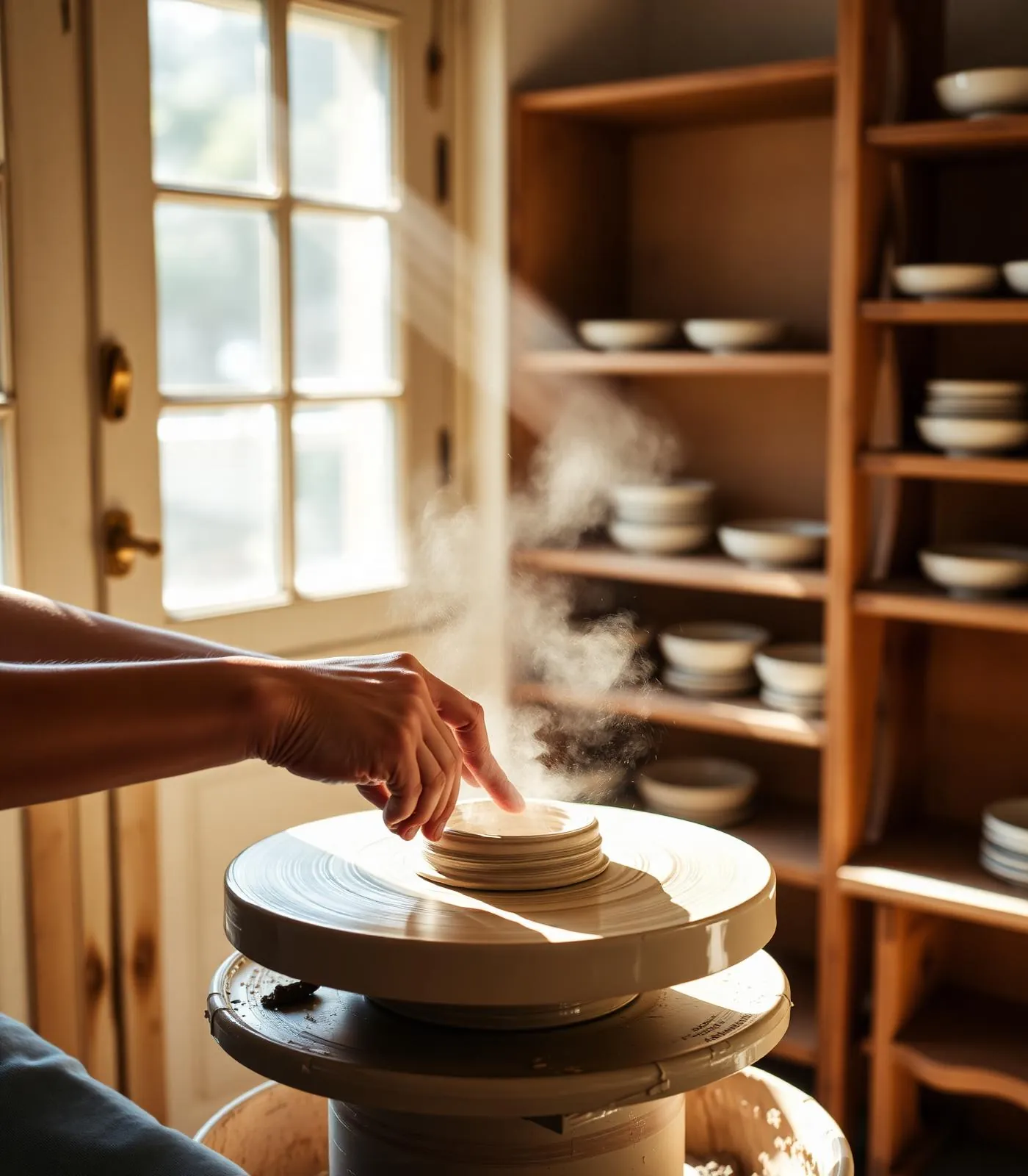 Ceramicist shaping clay on a pottery wheel in a sunlit studio